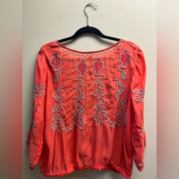 Free People Bright Coral Embroidered Blouse - Picture 2 of 6